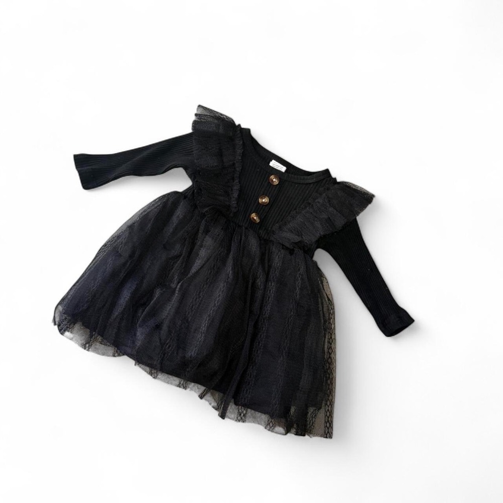 Baby Girls Black Tulle Long Sleeve Dress Romper 6M Ruffle Party Outfit